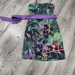 Floral Strapless Sundress with Purple Sash - Black & Green Print